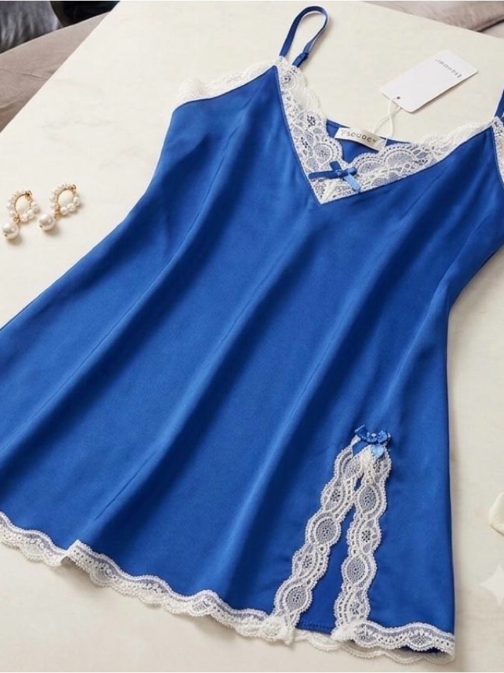 Blue Lace-Trim Satin Chemise - Unbranded